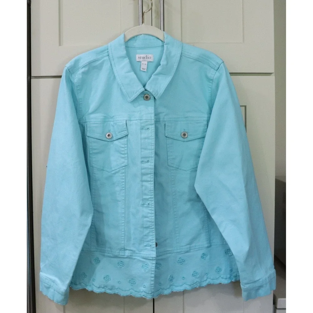 Denim & Co Light Aqua XL Twill Jean Jacket with Scalloped Bottom